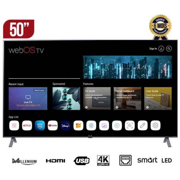 50" android smart tv millenium 50as8000 4k uhd with hdmi, usb and vjr ports dolby 6 month warranty